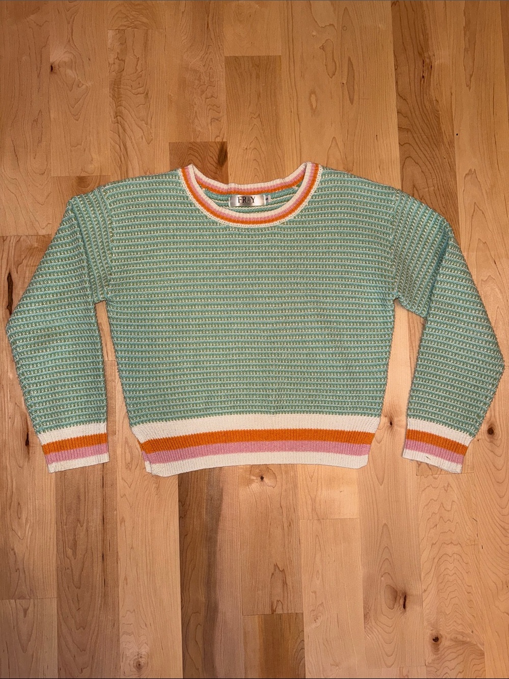 NWOT Fray Mint Green Knit Sweater with Orange, Pink & Cream Trim